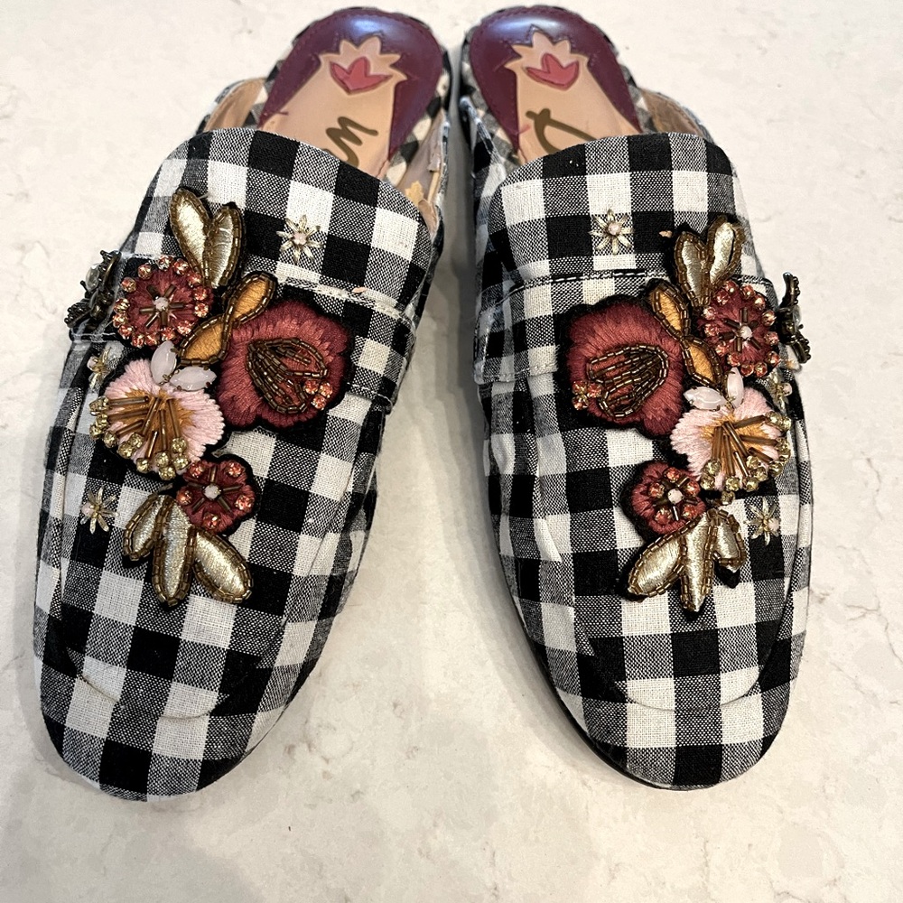 Sam Edelman Gingham Plaid Embellished Mules 7.5